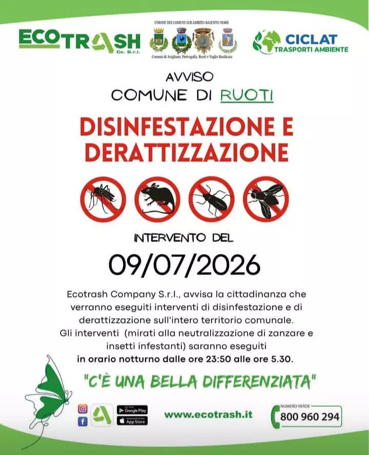 Disinfestazione e derattizzazione - Intervento del 9 luglio 2026